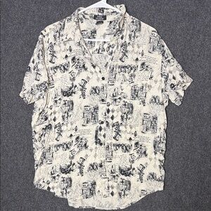 Social Collision Alice in Wonderland Rayon Button Up Shirt XL Book Print Cream